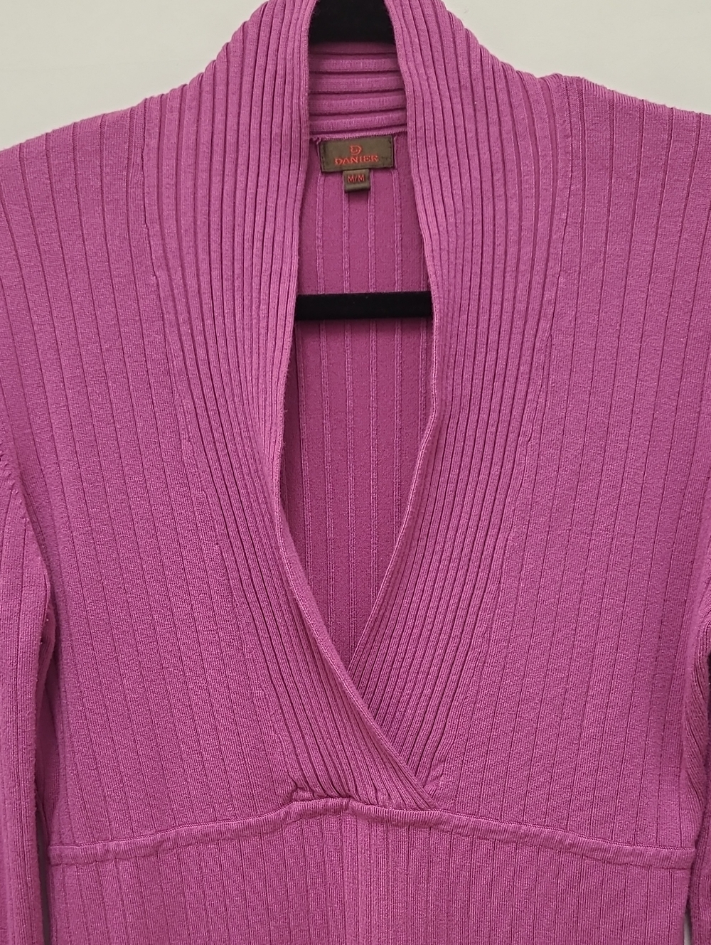 Danier Ribbed V-Neck Sweater in Raspberry - Picture 8 of 9